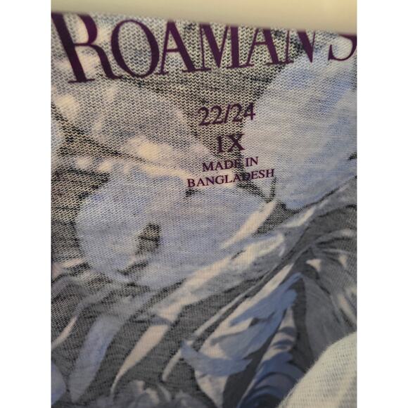 Roaman's T Shirt 22/24 1x Womens Plus Size Blue Floral Key Hole Back Art Deco - Picture 4 of 6